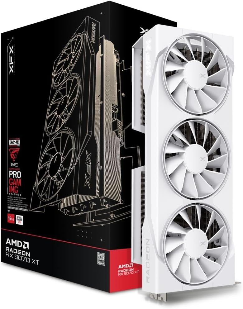 61CD0PFcowL._AC_SL1500 XFX Speedster SWFT AMD Radeon RX 9070 XT Blanc Triple Fan | RX-97TSWF3W9 | 16GB GDDR6 | RDNA 4 | 1440p Gaming – Image 1