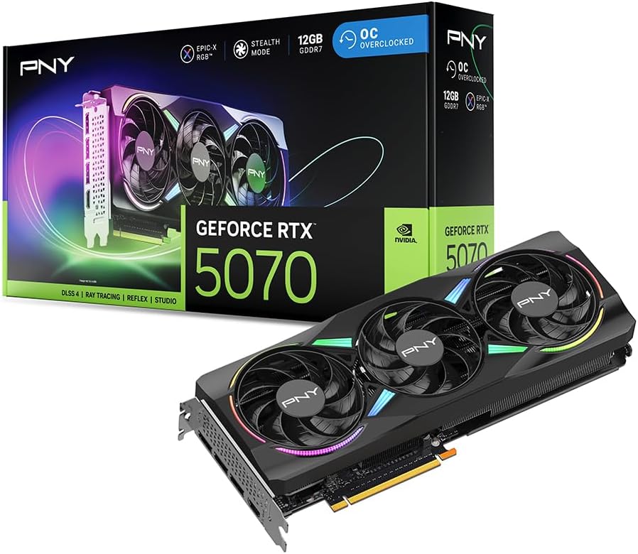 61E_0EA9nSL._AC_SL1000 PNY GeForce RTX 5070 ARGB OC 12GB GDDR7 | VCG507012TFXXPB1-O | Triple-Fan | Blackwell | PCIe 5.0 – Image 1