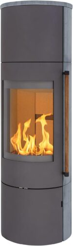H&M Germany EVO 2.1 XL Poêle à bois – 7 kW – Poêle rond moderne avec habillage en pierre naturelle – Design titane – Compartiment à bois intégré – Classe d'efficacité énergétique A