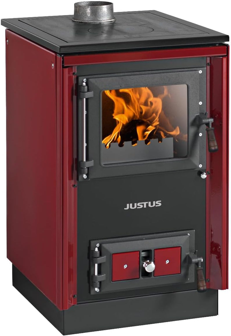 37b45392bf7a02dec22b29c484bde86f.jpg Justus Rustico-50 2.0 Cuisinière à bois – 7 kW, acier bordeaux, design rustique classique - Image 1