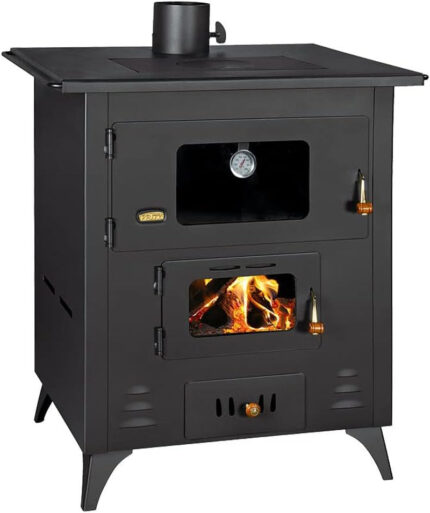 Prity 1P50R Cuisinière à bois – 14 kW – Puissante cuisinière d'atelier & de cuisine avec four & plaque de cuisson – Design classique noir/graphite – Construction robuste en acier