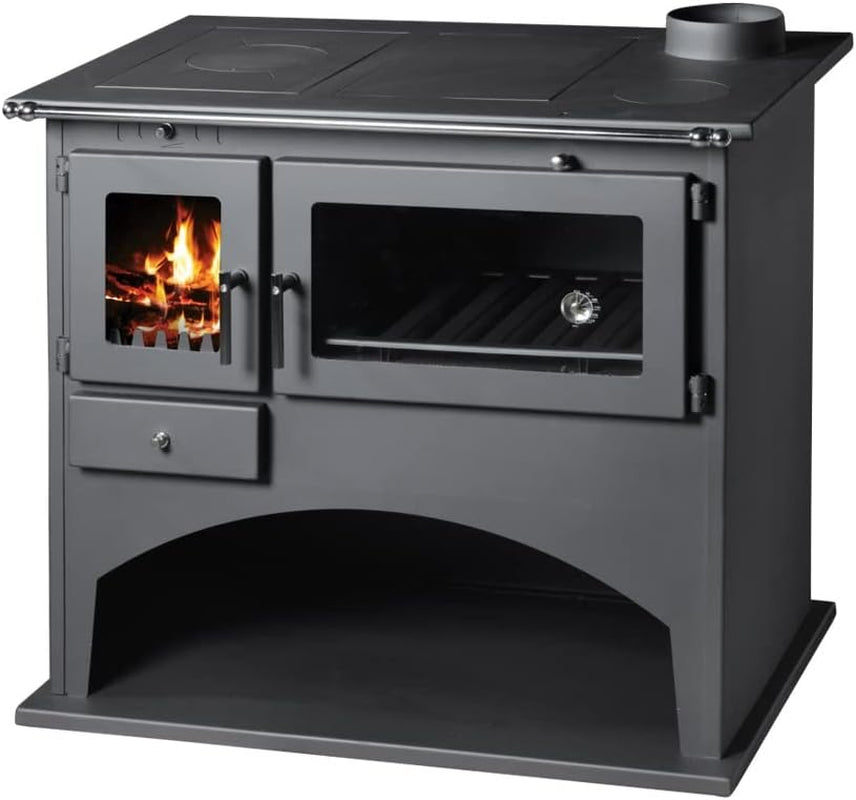 566a54d2b56f2d76e4492468d230b836.jpg EEK Viki Cuisinière à bois – 10,5 kW – Poêle d'atelier puissant avec four & plaque de cuisson – Pour pièces jusqu'à 200 m² – Chauffage & cuisson autonomes – Design robuste avec compartiment à bois – Image 1