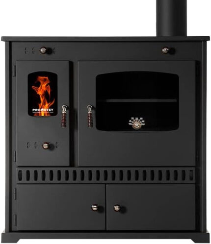 Prometey Perfect Eco Poêle à bois – 7 kW – Avec four & zones de cuisson – Classe d'efficacité énergétique A+ – Chauffage & cuisson autonomes – Noir – Design moderne